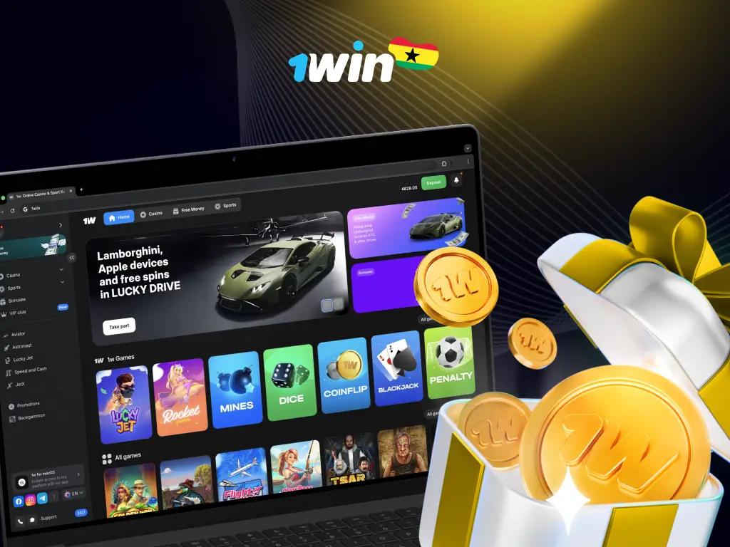 Screenshot of 1win Ghana website showing available bonuses and offers
